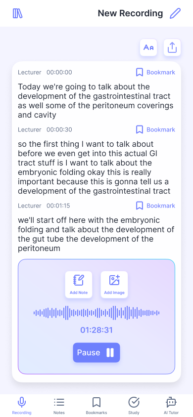 LecturePro app interface showing lecture transcription and audio controls